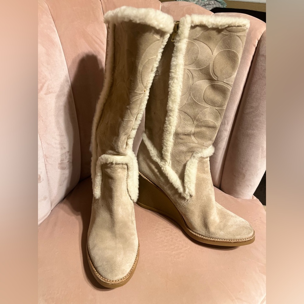 Coach Beige Heeled Boots with Shearling Trim - Picture 10 of 13